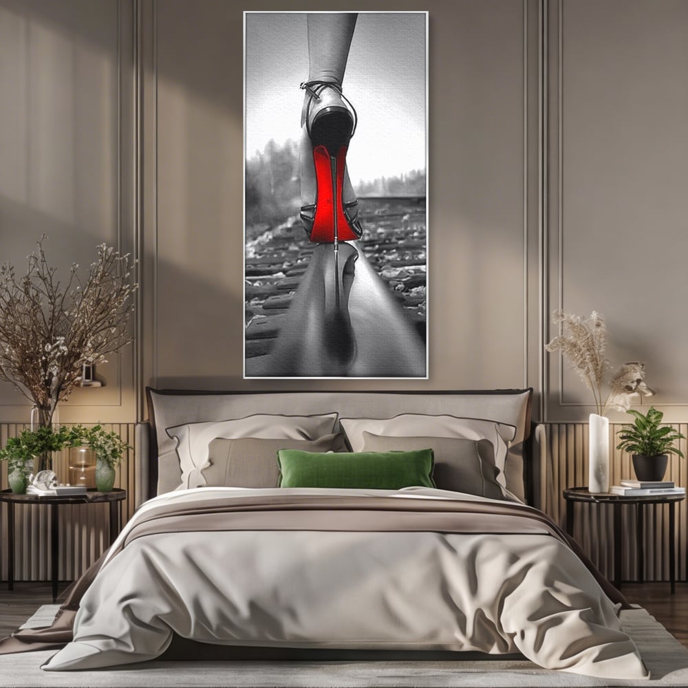 Tablou canvas cu tablou canvas cu pantof pe sina, in rama de aluminiu argintiu, pe perete intr-un dormitor